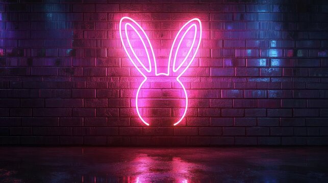 Pink neon bunny ears, brick wall, night, reflection, Easter