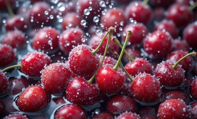 Fresh cherries glistening with droplets