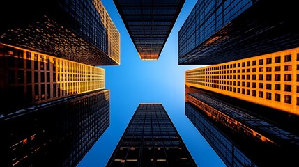Urban Canyon: A low-angle perspective looking up at towering skyscrapers, their glass facades reflecting the vibrant colors of the setting sun against a clear blue sky.