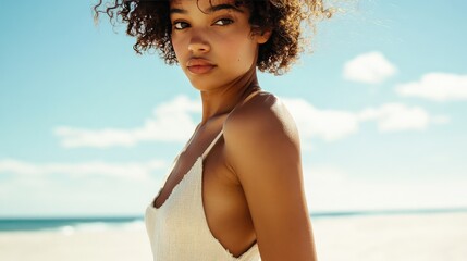 Strappy linen romper for a beach day exudes a relaxed vibe