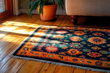 Naklejka premium Colorful vintage oriental rug with intricate patterns on wooden floor. Sunlit living room setting.