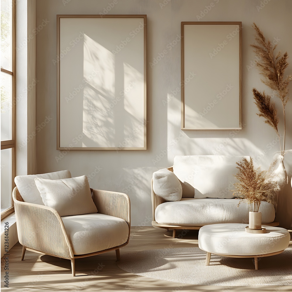 Poster different angles of frame mockup in a modern living room simple furniture with clean lines light neu