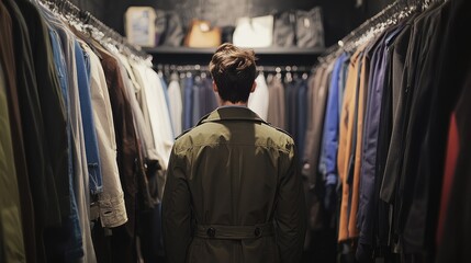 A man in olive trench coat looking at dresses