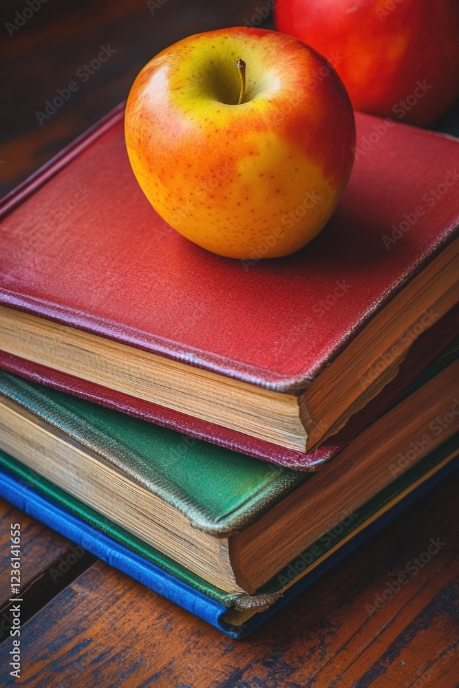 Poster vibrant and colorful stack of textbooks with an apple resting atop them, symbolizing the connection 