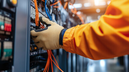 Male electrician in protective uniform repairing cables in server center