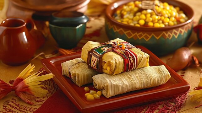 Festive corn tamales, autumnal setting, food photography, cultural dish