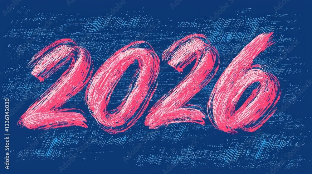 Poster vibrant freeform letters displaying the year 2026 on a gradient background with artistic brush strok