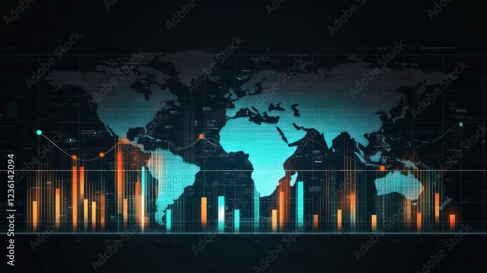 Poster global data visualization with graphs and world map background