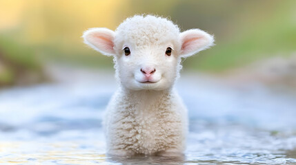 Naklejka premium Cute fluffy white lamb standing in a shallow stream of water during daytime.