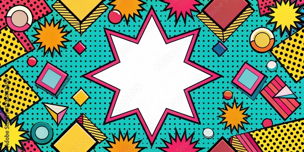 Poster brightly colored geometric shapes with starburst pattern and white space for text