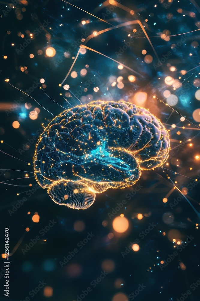 Poster brain, digital design and neural connections with glowing lights representing artificial intelligenc