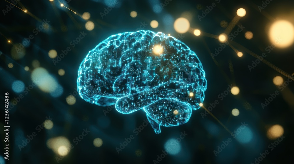 Poster brain, digital illustration demonstrating neural connections and cognitive science concepts with glo
