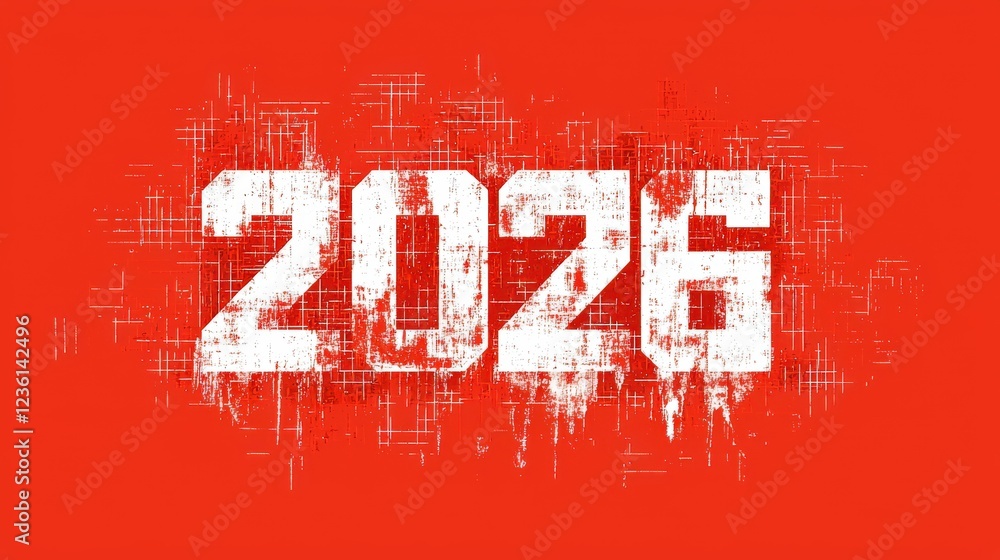 Aufkleber geometric font design featuring bright red background and stylized number 2026 in bold text
