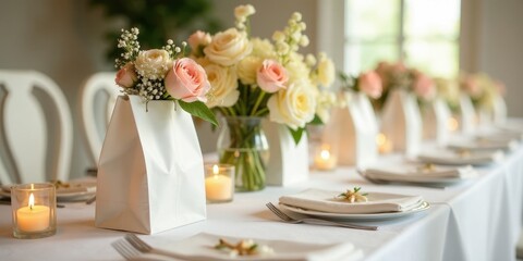 Elegant table setting with floral arrangements in paper bags and lit candles