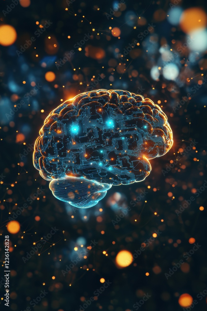 Poster brain, neural connections and abstract background with glowing particles, representing cognitive fun