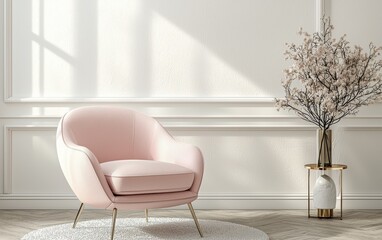 Pastel Pink Accent Chair in a Bright Scandinavian-Style Living Room, Surrounded by Soft Textures, White Walls, and Elegant Decor