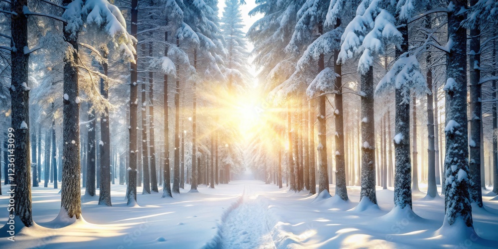 Poster sunlight beams through a snow-covered forest, illuminating a pathway leading into the heart of the w