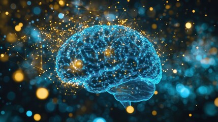 Brain with glowing neural network connections and dynamic particles representing cognitive processes, neuroscience research and artificial intelligence development.