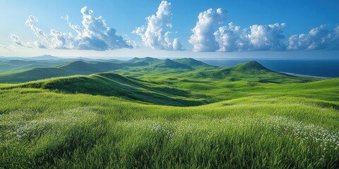 Obraz premium Serene Emerald Hills Stretching Toward the Horizon Under a Bright Blue Sky with Fluffy Clouds and Lush Green Grass