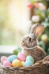 Bunny sitting beside colorful Easter eggs in a woven basket, capturing the essence of spring celebrations and festive traditions in a bright setting.
