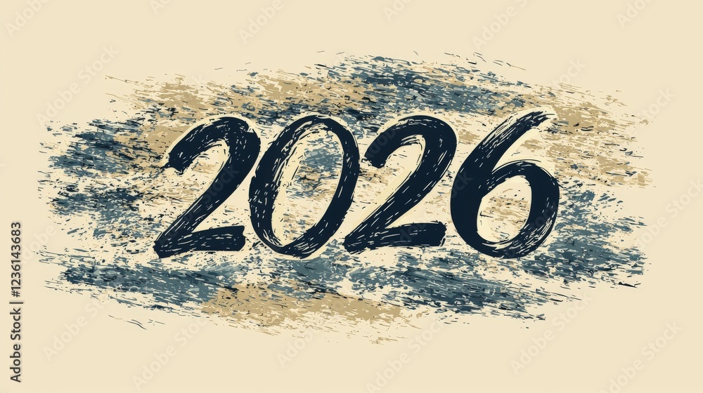 Poster bold uppercase text representing the year 2026 against a subtle brushstroke background in gray and b