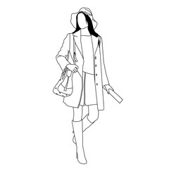 Stylish Line Art of Woman in Outerwear Holding Bag and Clutch.