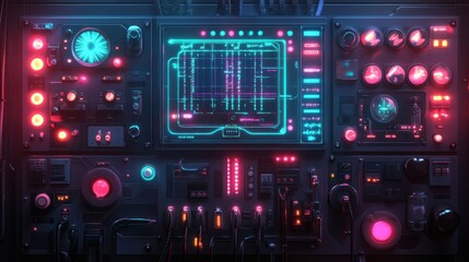Obraz premium Artistic depiction of a glowing electrical panel with futuristic holographic controls --ar 16:9 --v 6.1 Job ID: 141e254d-d0fe-444c-a514-48fcf83087a7