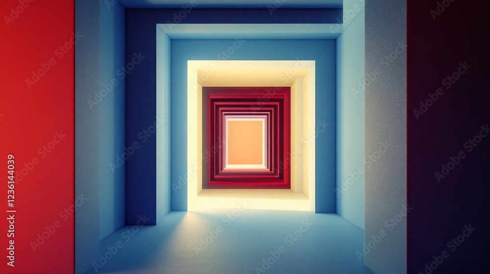 Poster abstract geometric corridor with nested square frames in shades of red and blue