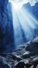 Sunlight filters through rocky canyon at dawn