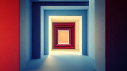 Abstract geometric corridor with nested square frames in shades of red and blue