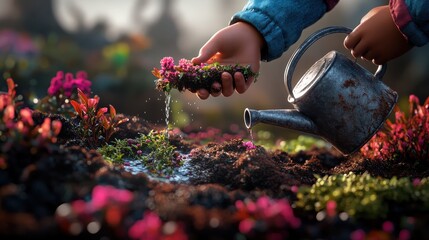 A child planting seeds in a garden bed with a watering can nearbyphotorealistic portrait