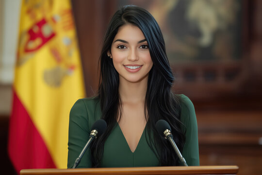 Confident woman giving a speech at podium, standing before a Spanish flag, conveying professionalism and public speaking skills through her poised smile and attentive demeanor