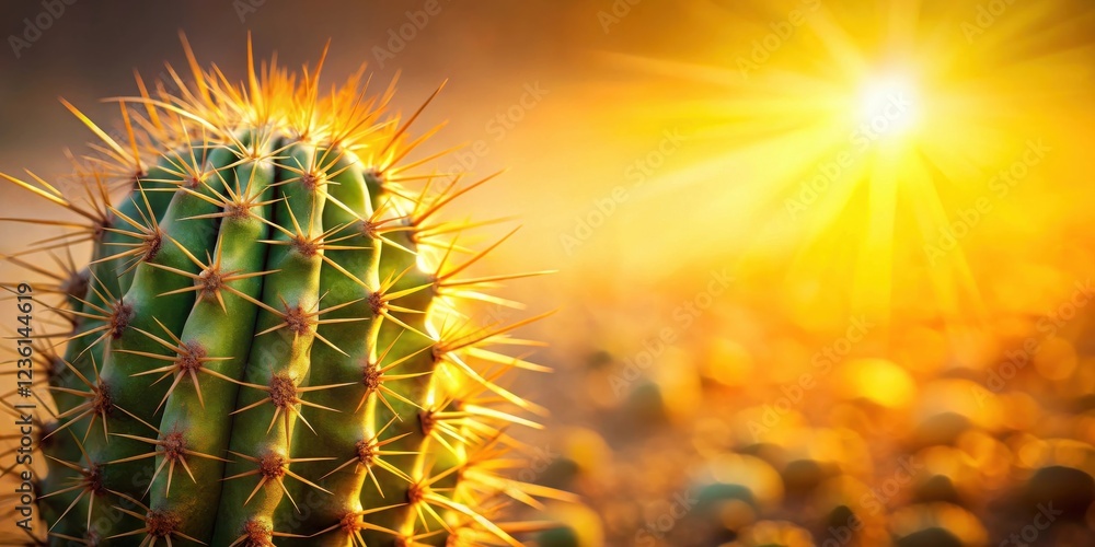 Poster A close-up of a prickly cactus bathed in the warm glow of a setting sun, its sharp spines casting long shadows against the golden backdrop.
