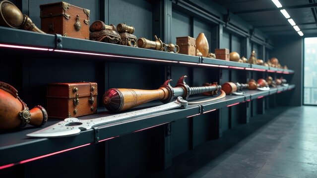 A dimly lit vault showcases an impressive collection of antique weaponry and ornate containers, meticulously arranged on sleek, dark shelves with vibrant red accent lighting.