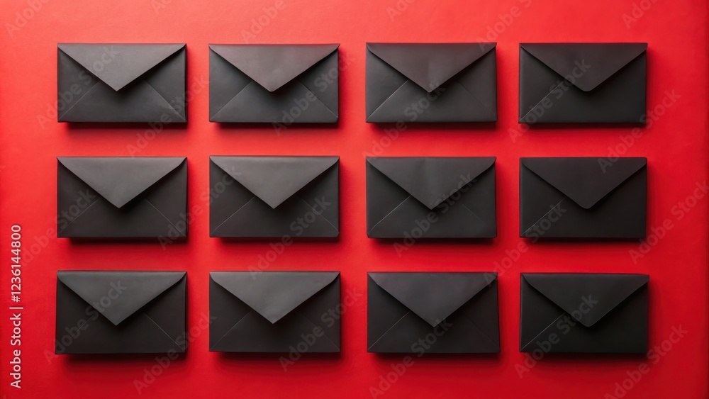 Poster A symmetrical arrangement of black envelopes on a vibrant red background, creating a visually striking and minimalist composition.