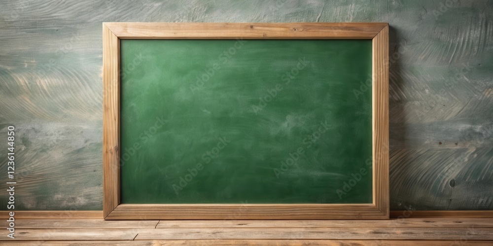 Poster a blank green chalkboard with a wooden frame resting on a rustic wooden table, ready for your messag