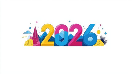 Colorful Flat Design Vector Illustration of the Year 2026 with Mountains, Clouds, and Decorative Elements in Bright Colors