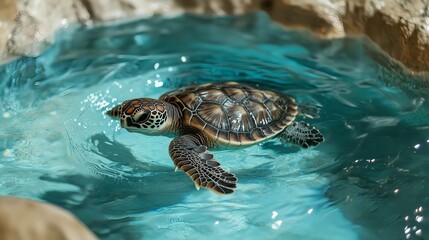 Photo turtles swim at sunset, the rays of the setting sun create a beautiful view. AI generated images.