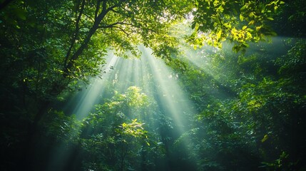 Fototapeta premium Sunlight Streaming Through Lush Green Forest Canopy Creating a Mystical Atmosphere