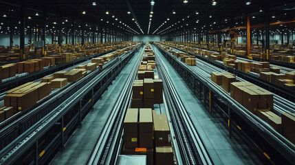 Aerial view of a large warehouse with numerous packages moving on conveyor belts, symbolizing logistics, distribution, and modern warehousing operations.