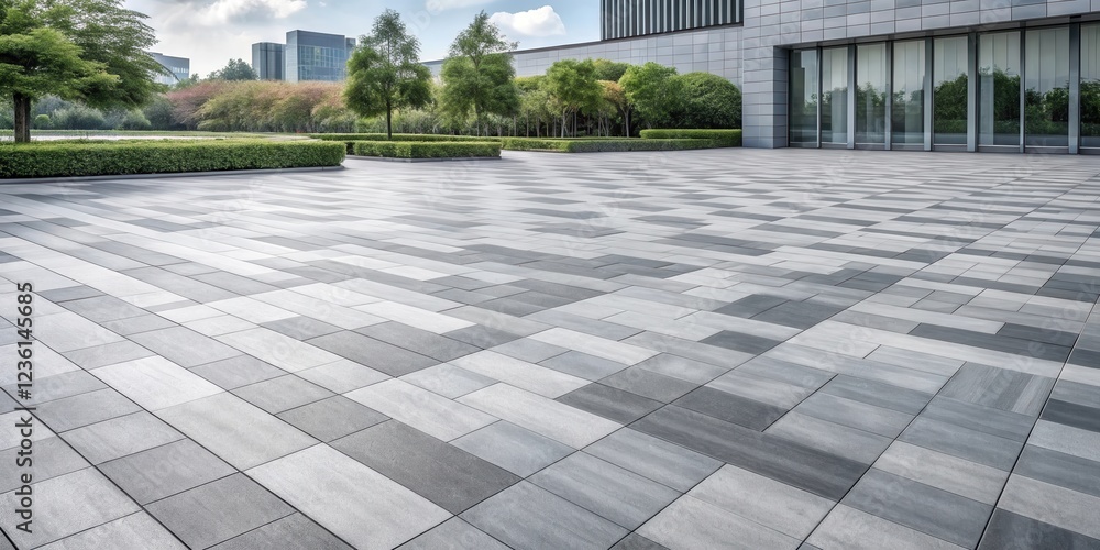 Poster a perspective view of an expansive paved plaza, featuring a subtle pattern of interlocking gray tile