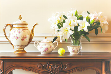 Tennis composition with porcelain, white lilies, and tennis ball on wooden table. Concept of British tennis tournaments, tradition, and sports culture. Perfect for Wimbledon and luxury tennis events