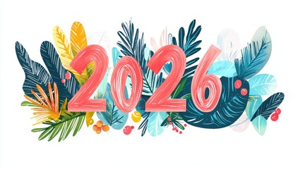 Colorful Flat Vector Illustration of Tropical Leaves and 2026 Year Design in Bright Colorful Style