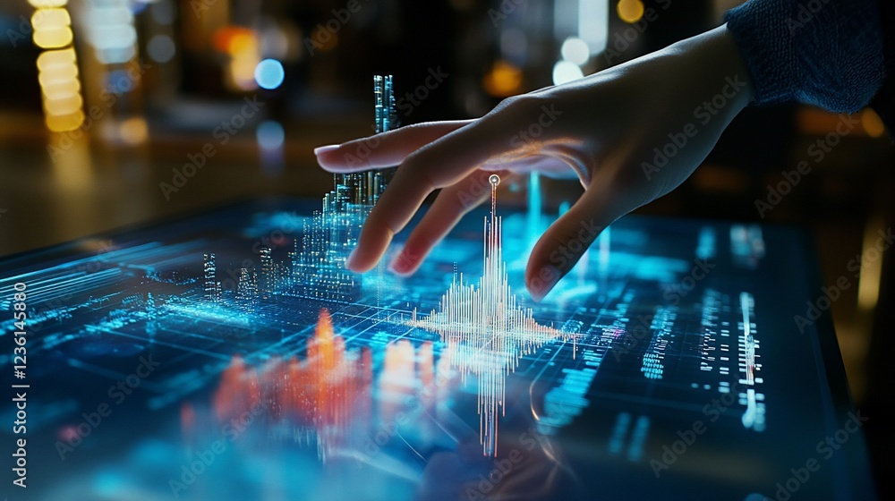 Poster hand touching interactive futuristic digital touchscreen with 3d graphs and charts