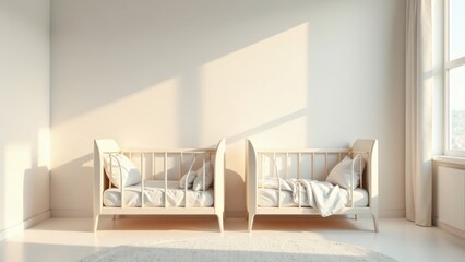 Serene Nursery with Twin Cribs Bathed in Warm Sunlight, Minimalist Interior Design