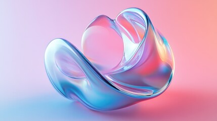 Clear glass sculpture with reflective surfaces, set against a light pink backdrop. Modern art piece with clean, smooth curves.