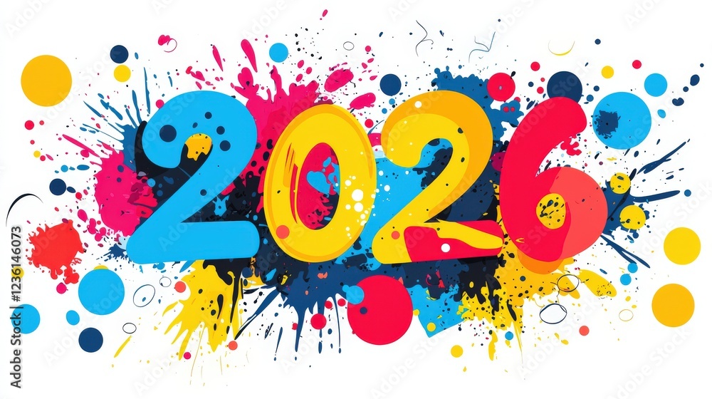 Poster vibrant vector illustration of colorful flat design style number 2026 with splashes of paint and art