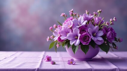 A Delicate Arrangement of Lavender Roses and Flowers in a Purple Bowl on a Soft Lilac Tablecloth