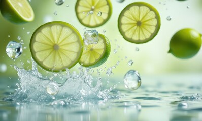 Fresh lime slices splashing in water