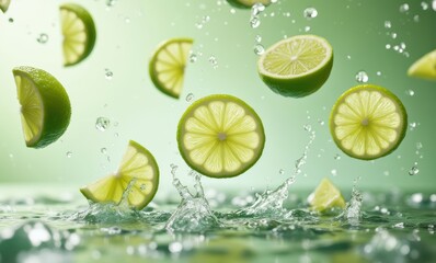 Fresh lime slices splashing in water